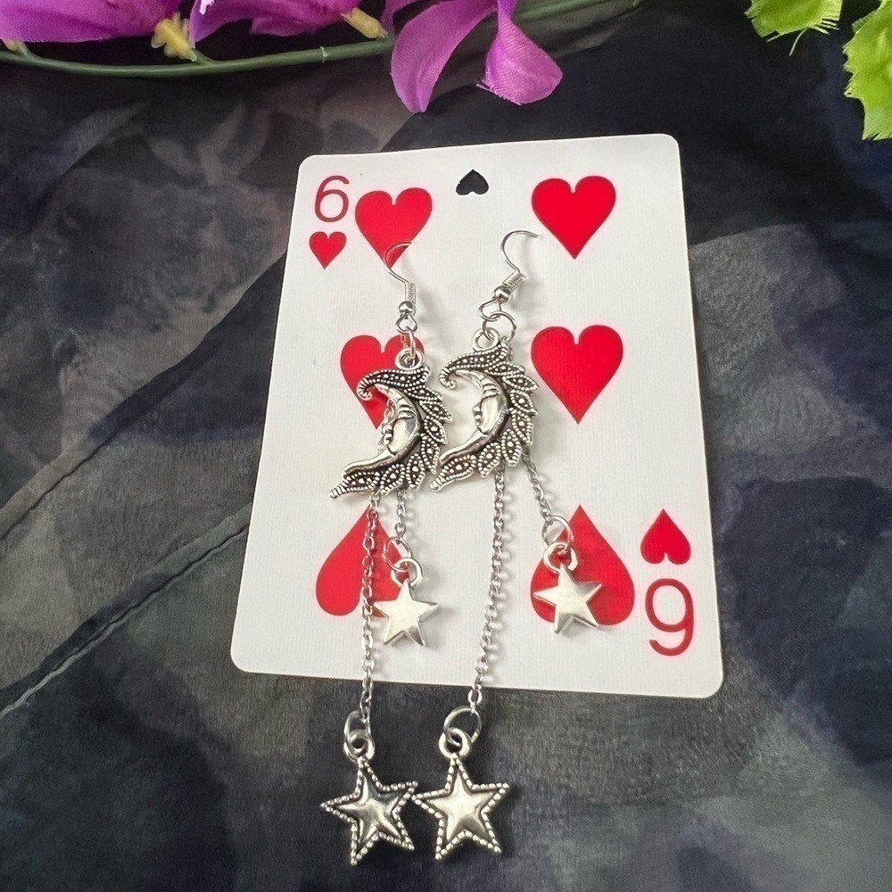 HANDMADE Luna Moon stars dangle Silvertone earrings